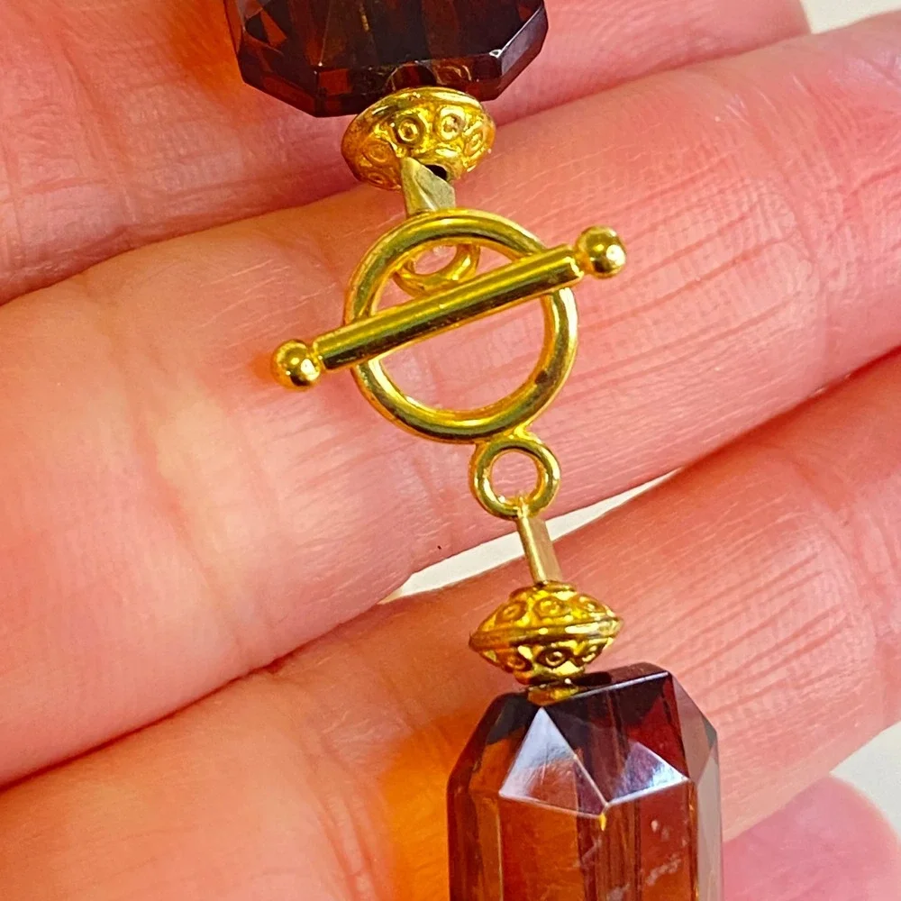 Honey Brown Root Beer Chunky Faceted Acrylic Bead Bracelet Gold Tone Autumn Fall